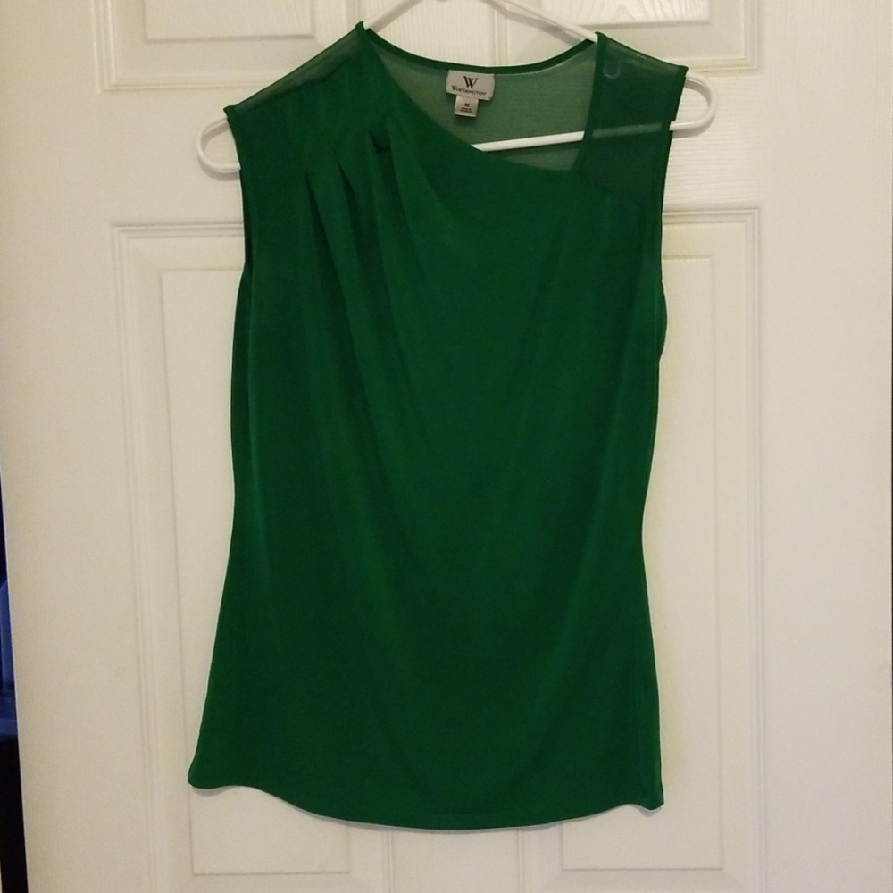 Emerald green sleeveless, asymmetrical neck,  top.
